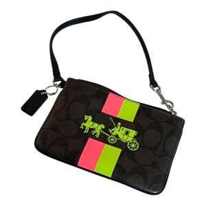 Coach Signature Print Brown Horse & Carriage Neon Stripe Wristlet, EUC 52704